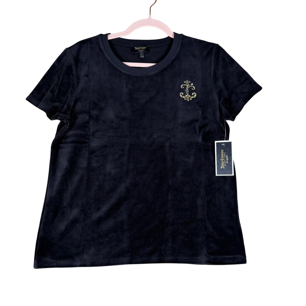 Juicy Couture Black Label Pitch Black Velour Crew SS Tee WTKT87125 Large New